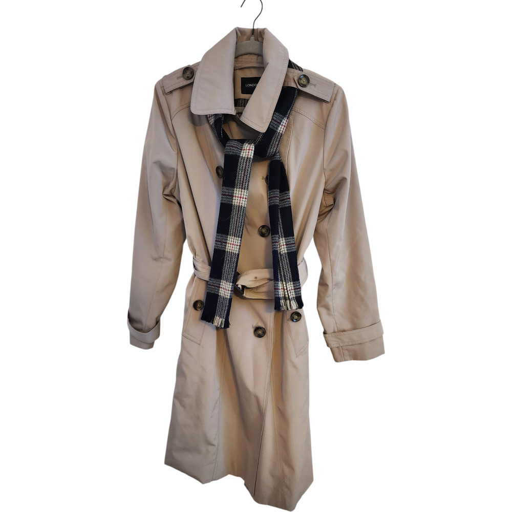 London Fog Trench Coat Womens XL Beige Belted Double Breasted Plaid Lined XL Wmn - Picture 3 of 14